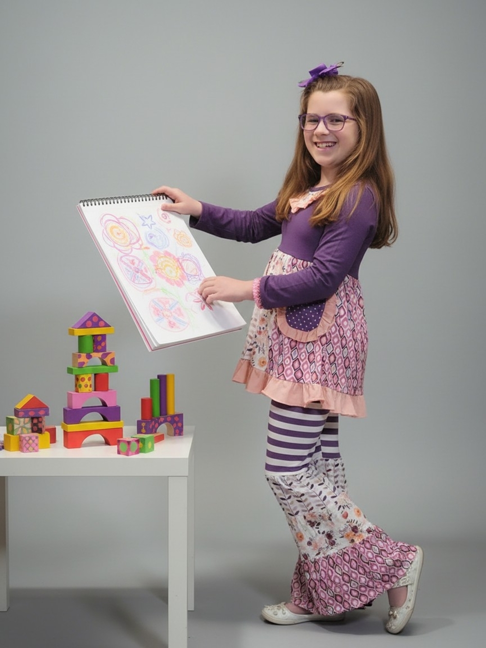 Kids Purple Patterned Tunic Dress with Ruffled Hem Bell Bottom Pants